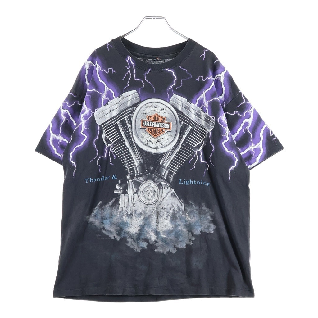 HARLEY DAVIDSON(ハーレーダビッドソン) 90S サンダー ライトニング モーターサイクル 両面オーバープリントTシャツ 半袖クルーネック ブラック