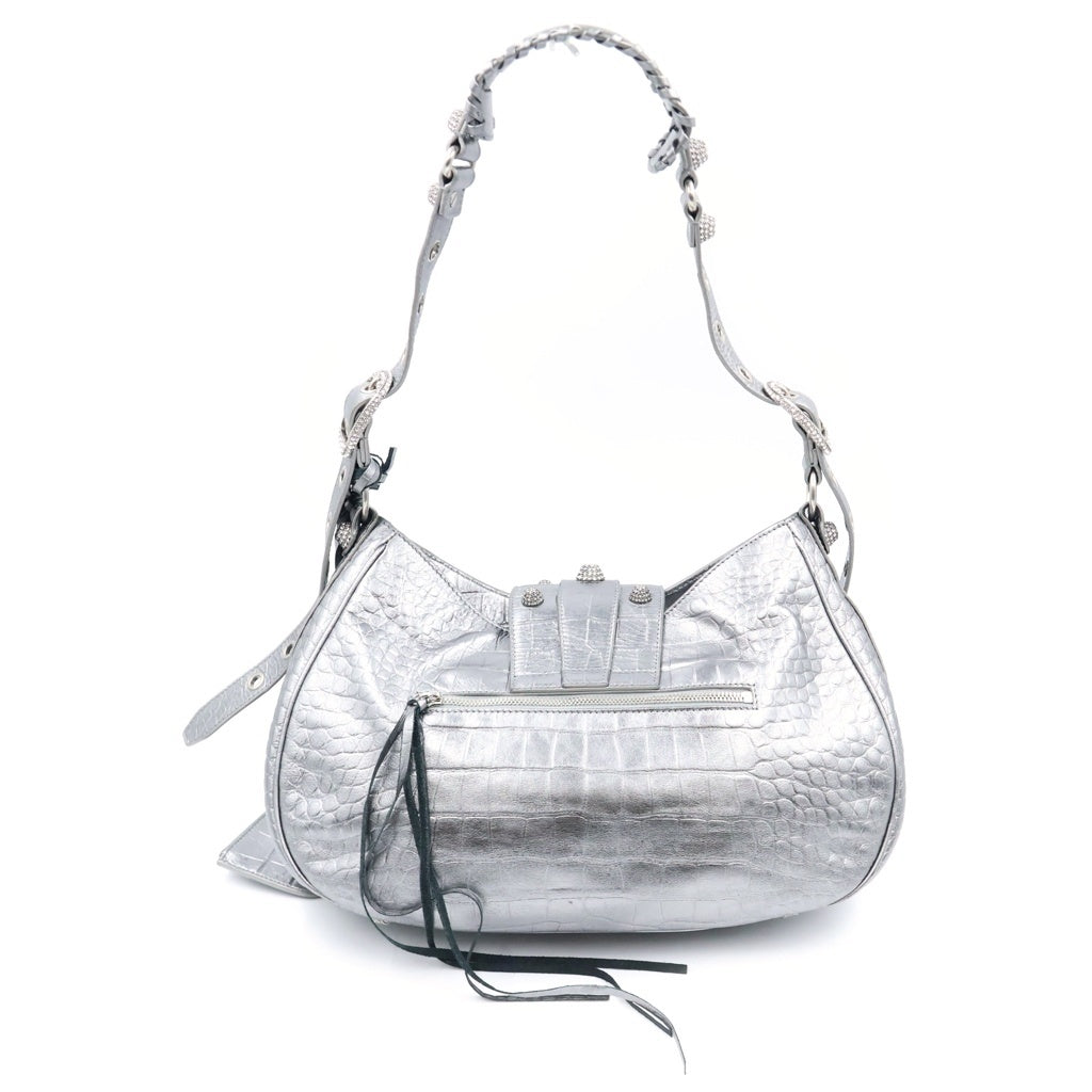 BALENCIAGA(バレンシアガ) Neo Cagole ネオカゴール クロコ型押し ラインストーン装飾 ハンドバッグ シルバー 672754 レディース