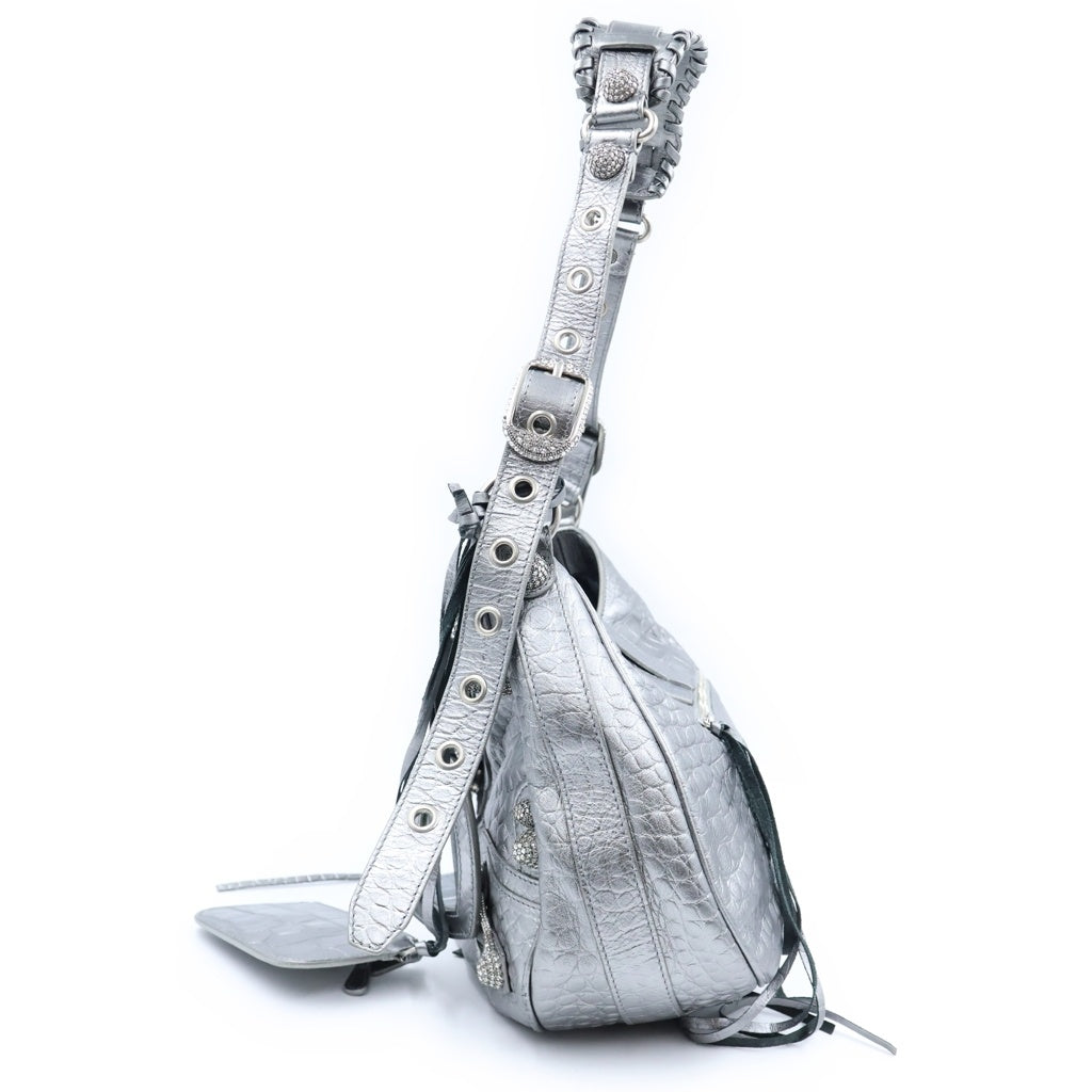 BALENCIAGA(バレンシアガ) Neo Cagole ネオカゴール クロコ型押し ラインストーン装飾 ハンドバッグ シルバー 672754 レディース