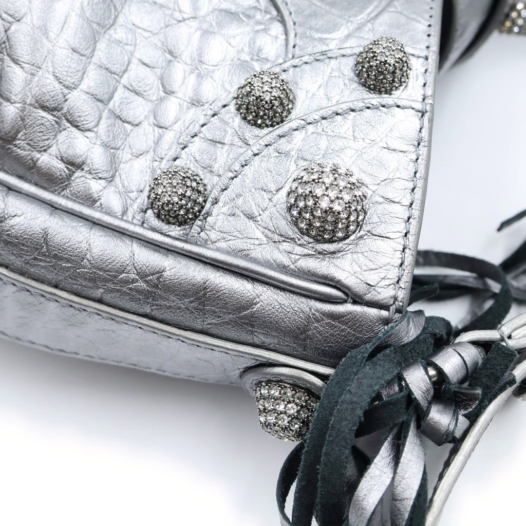 BALENCIAGA(バレンシアガ) Neo Cagole ネオカゴール クロコ型押し ラインストーン装飾 ハンドバッグ シルバー 672754 レディース