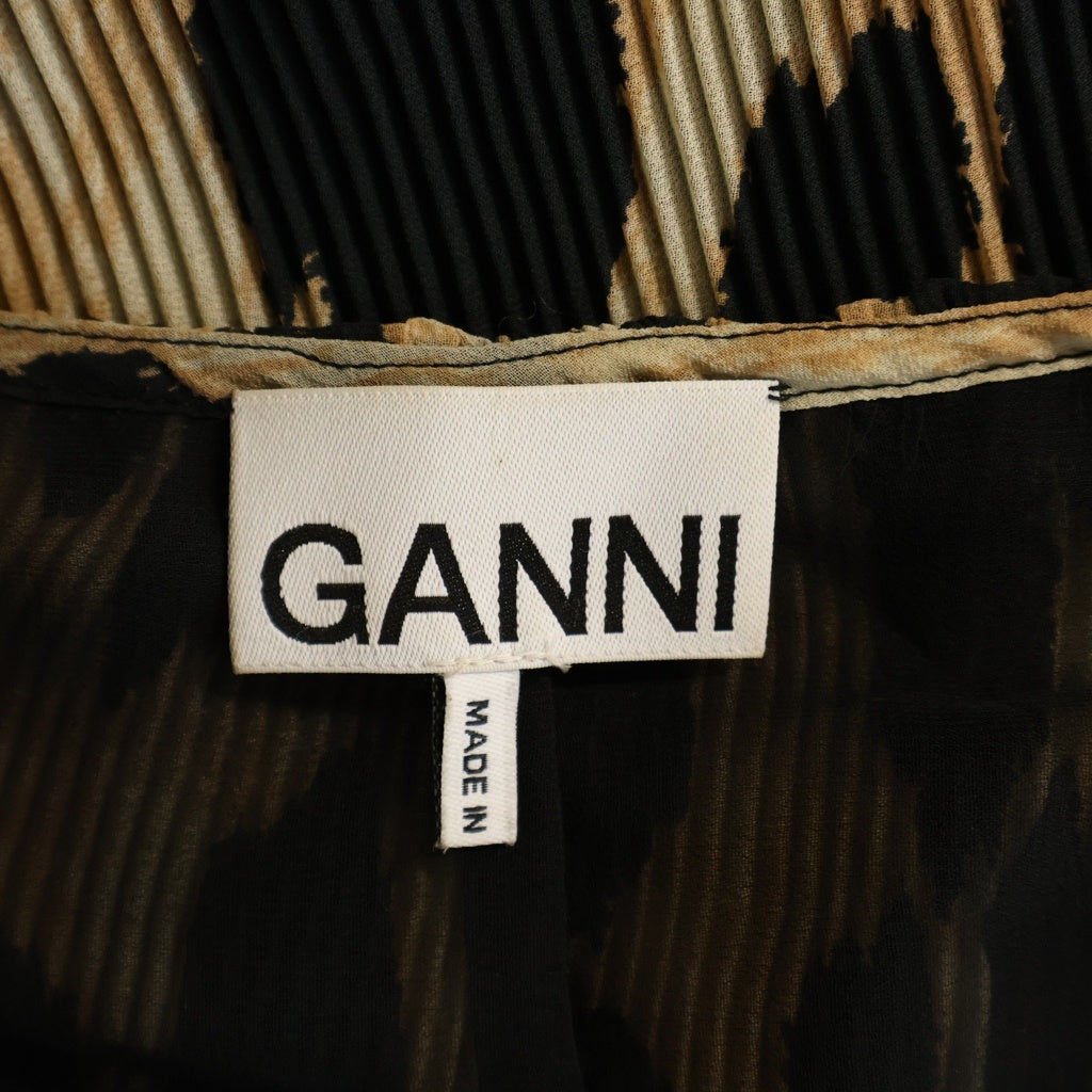 GANNI(ガニー) Vネック プリーツ ノースリーブ ドレス ワンピース レオパード柄 レディース ベージュ 21664731