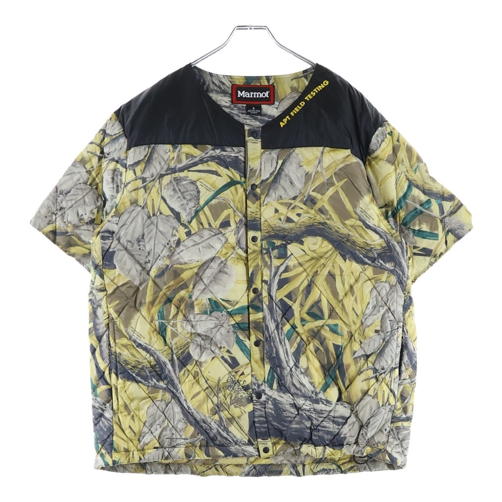 Marmot(マーモット) × STABRIDGE 750FP Down T-Shirt River Stone スタブリッジ スナップボタン ドローコード 総柄半袖ダウン ブラウン MTFW25MDW352AP