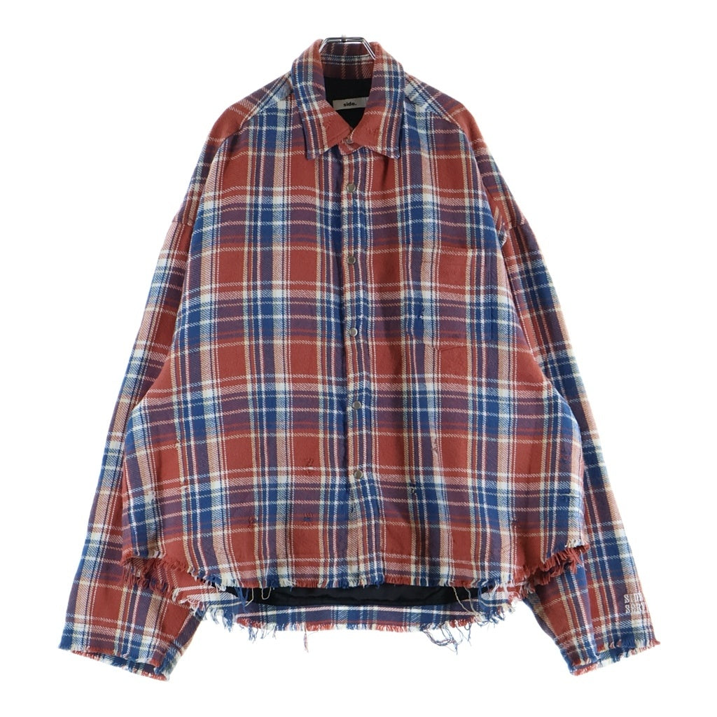 NO BRAND(ノーブランド) SIDE SERVICE (サイドサービス) Japnese Flannel Raw Edge Check L/S Shirt Jaket ロウエッジ ダメージ加工 シャツ レッド