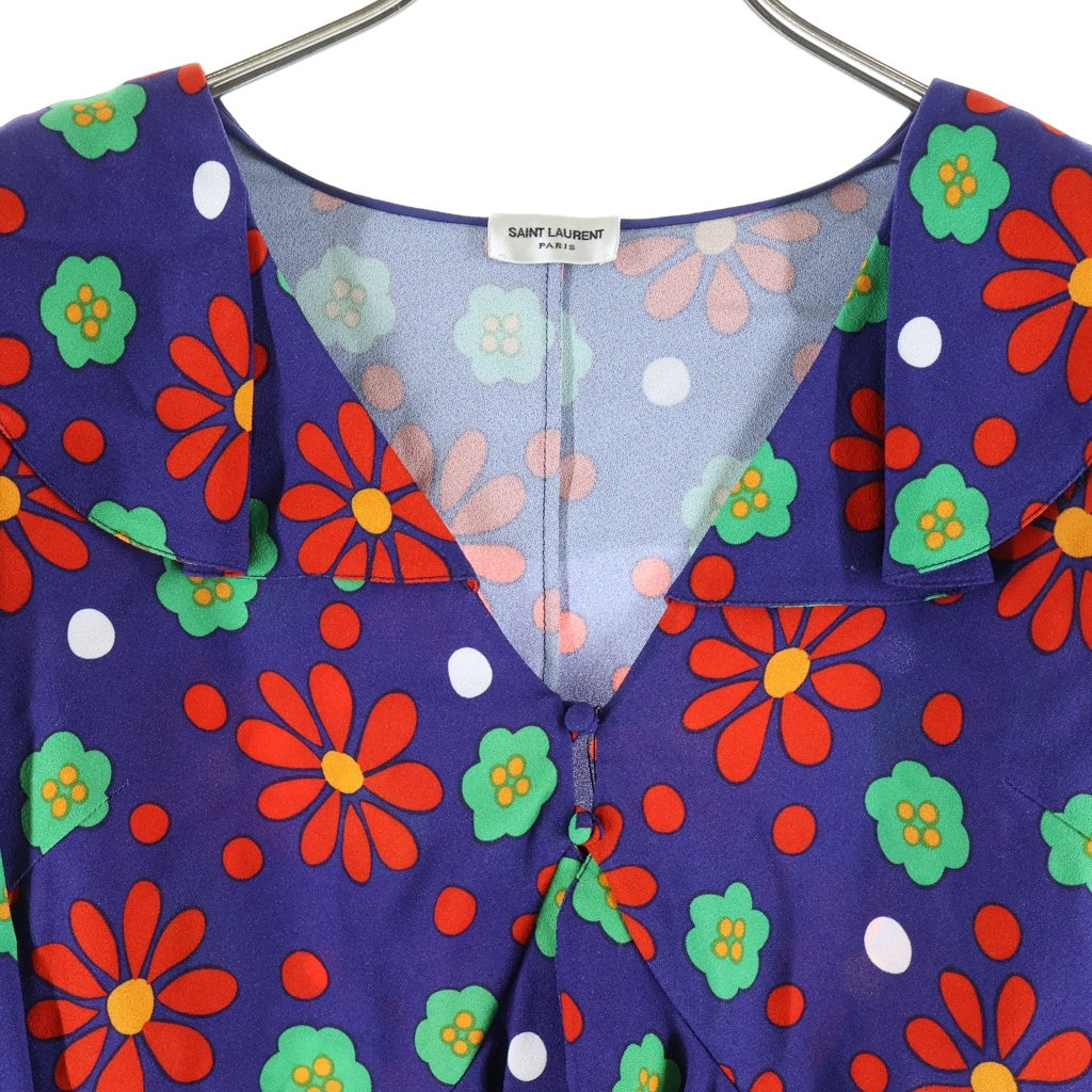 SAINT LAURENT PARIS(サンローランパリ) Blue Rouge Vert Ruffled Floral Printed Crepe Blouse ブルー ルージュ ヴェール ラッフル フローラルプリント ブラウス レディース 681875 Y5E54