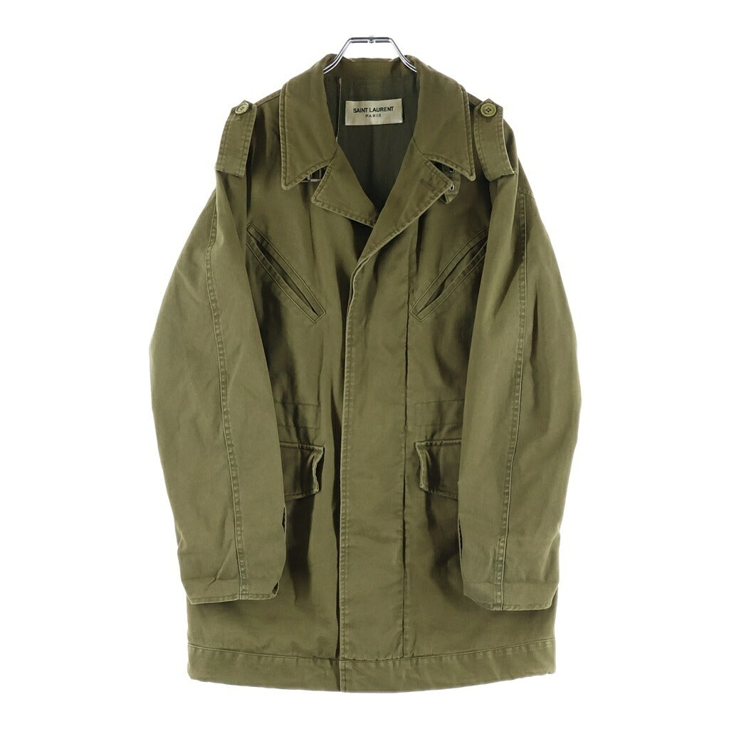 SAINT LAURENT PARIS(サンローランパリ) Cotton Linen Zip Front Oversized Long Jacket コットン ジップアップ ロングミリタリージャケット カーキ
