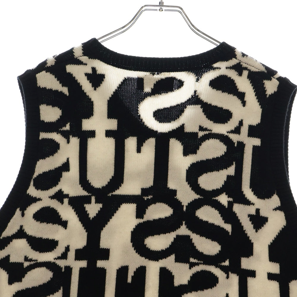 STUSSY(ステューシー) STACKED SWEATER VEST ロゴ ニットベスト ブラック/ホワイト