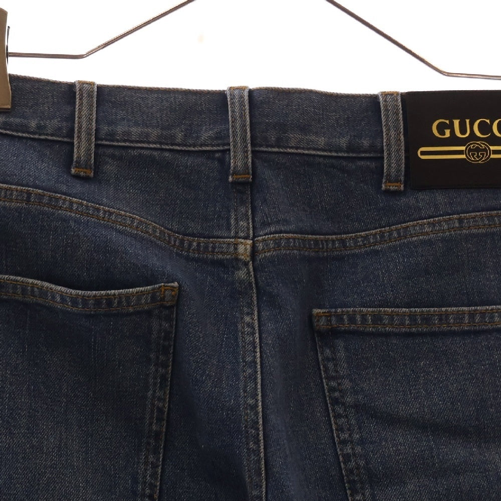 GUCCI(グッチ) Denim Pant ストレッチデニムパンツ ボタンフライ カットオフ レザーパッチ インディゴ 681284