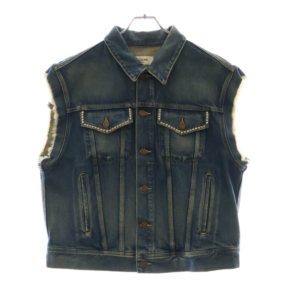CELINE(セリーヌ) 22SS Denim Trucker Jacket With Artist Embroidery エンブロイダリー デニムトラッカーベスト ライトストーン付き インディゴ 2Q428365M.07DU