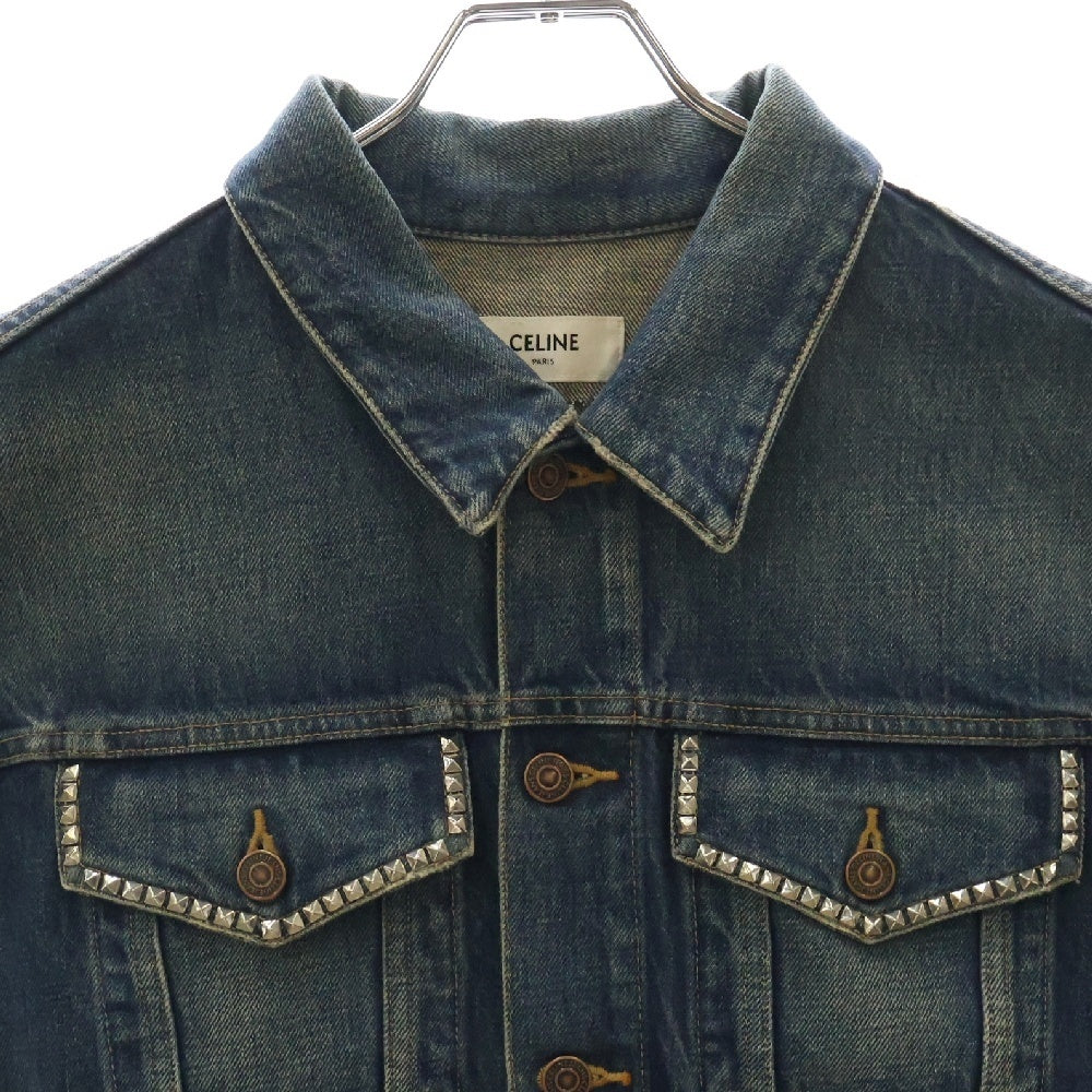 CELINE(セリーヌ) 22SS Denim Trucker Jacket With Artist Embroidery エンブロイダリー デニムトラッカーベスト ライトストーン付き インディゴ 2Q428365M.07DU