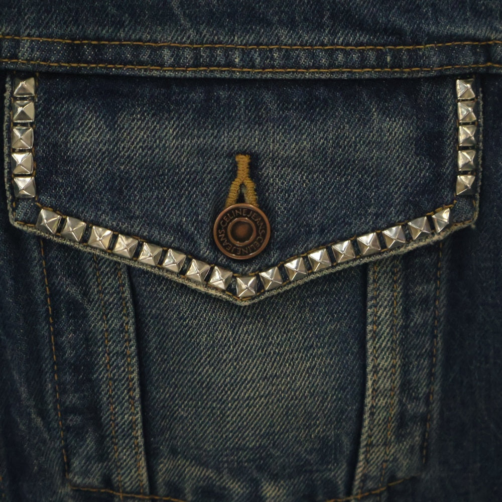 CELINE(セリーヌ) 22SS Denim Trucker Jacket With Artist Embroidery エンブロイダリー デニムトラッカーベスト ライトストーン付き インディゴ 2Q428365M.07DU