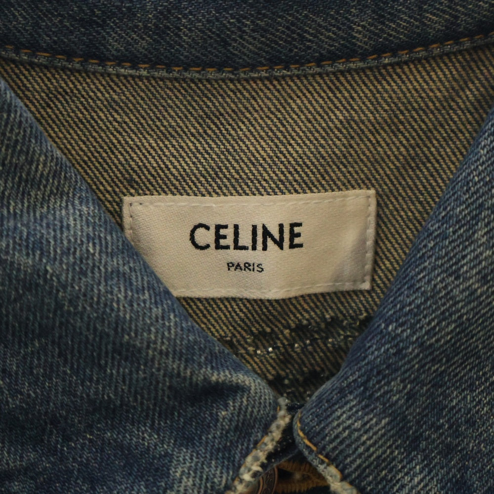 CELINE(セリーヌ) 22SS Denim Trucker Jacket With Artist Embroidery エンブロイダリー デニムトラッカーベスト ライトストーン付き インディゴ 2Q428365M.07DU