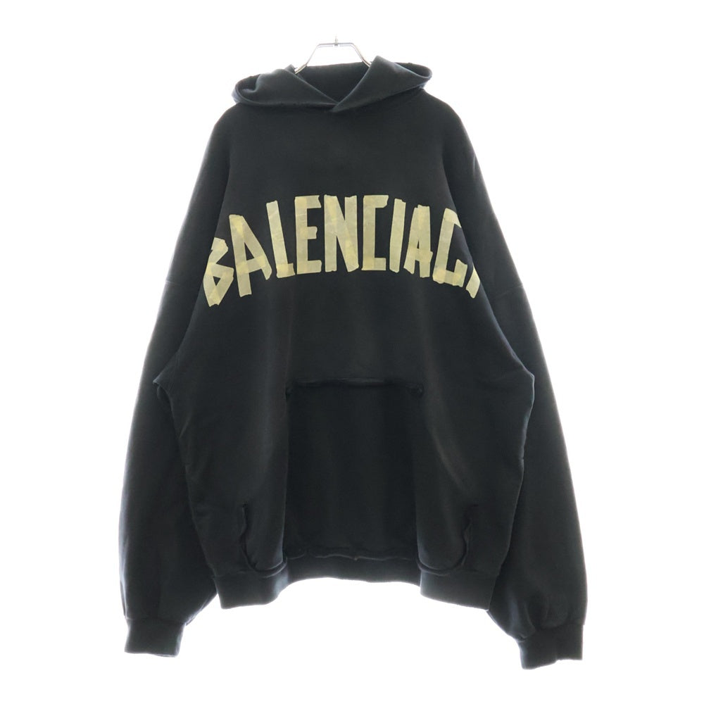 BALENCIAGA(バレンシアガ) 23SS テープロゴダメージ加工プルオーバーパーカー 744190 TOVB1 ブラック