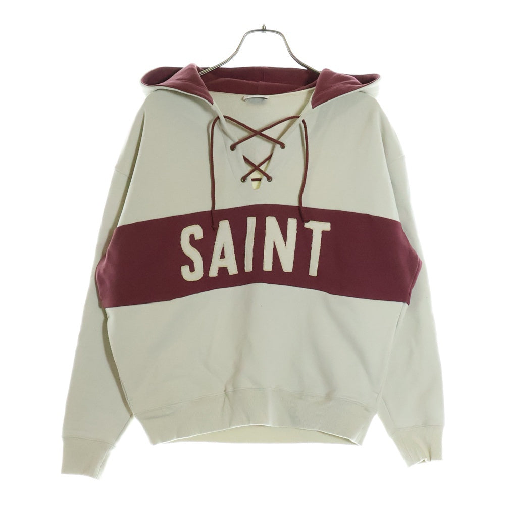SAINT LAURENT PARIS(サンローランパリ) ロゴパッチ レース スウェットパーカー フーディー ベージュ/レッド 697678 Y36VZ 9355