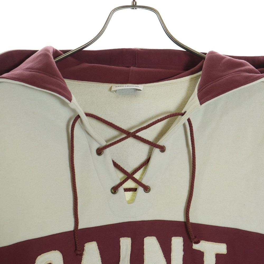SAINT LAURENT PARIS(サンローランパリ) ロゴパッチ レース スウェットパーカー フーディー ベージュ/レッド 697678 Y36VZ 9355