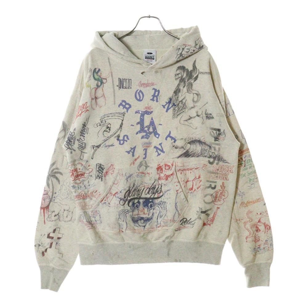 SAINT MICHAEL(セントマイケル) 24SS ×BONE XRAISED BR_HOODIE LA ボーンレイズド グラフィック総柄 スウェット プルオーバーパーカー アイボリー SM-YS8-0000-C11