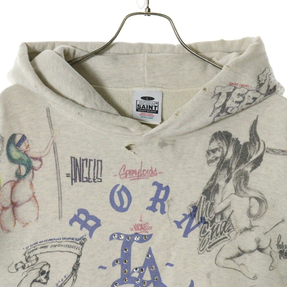 SAINT MICHAEL(セントマイケル) 24SS ×BONE XRAISED BR_HOODIE LA ボーンレイズド グラフィック総柄 スウェット プルオーバーパーカー アイボリー SM-YS8-0000-C11