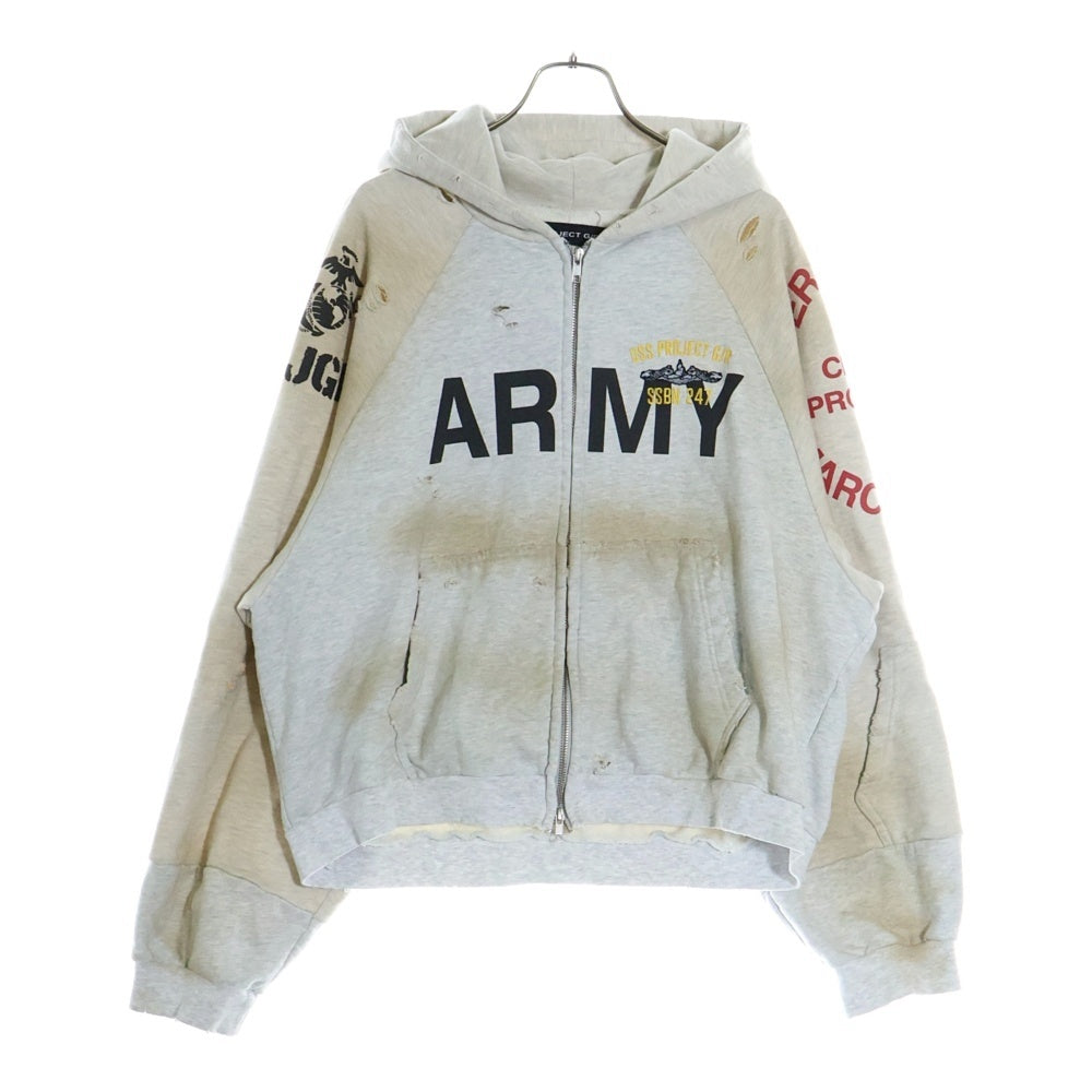 PROJECT G/R(プロジェクトジーアール) 24AW ARMY プリントダメージ加工 スウェットジップパーカー グレー