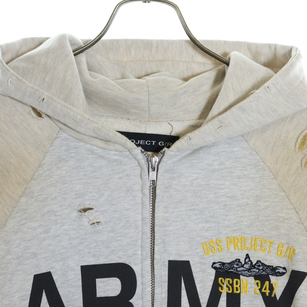 PROJECT G/R(プロジェクトジーアール) 24AW ARMY プリントダメージ加工 スウェットジップパーカー グレー