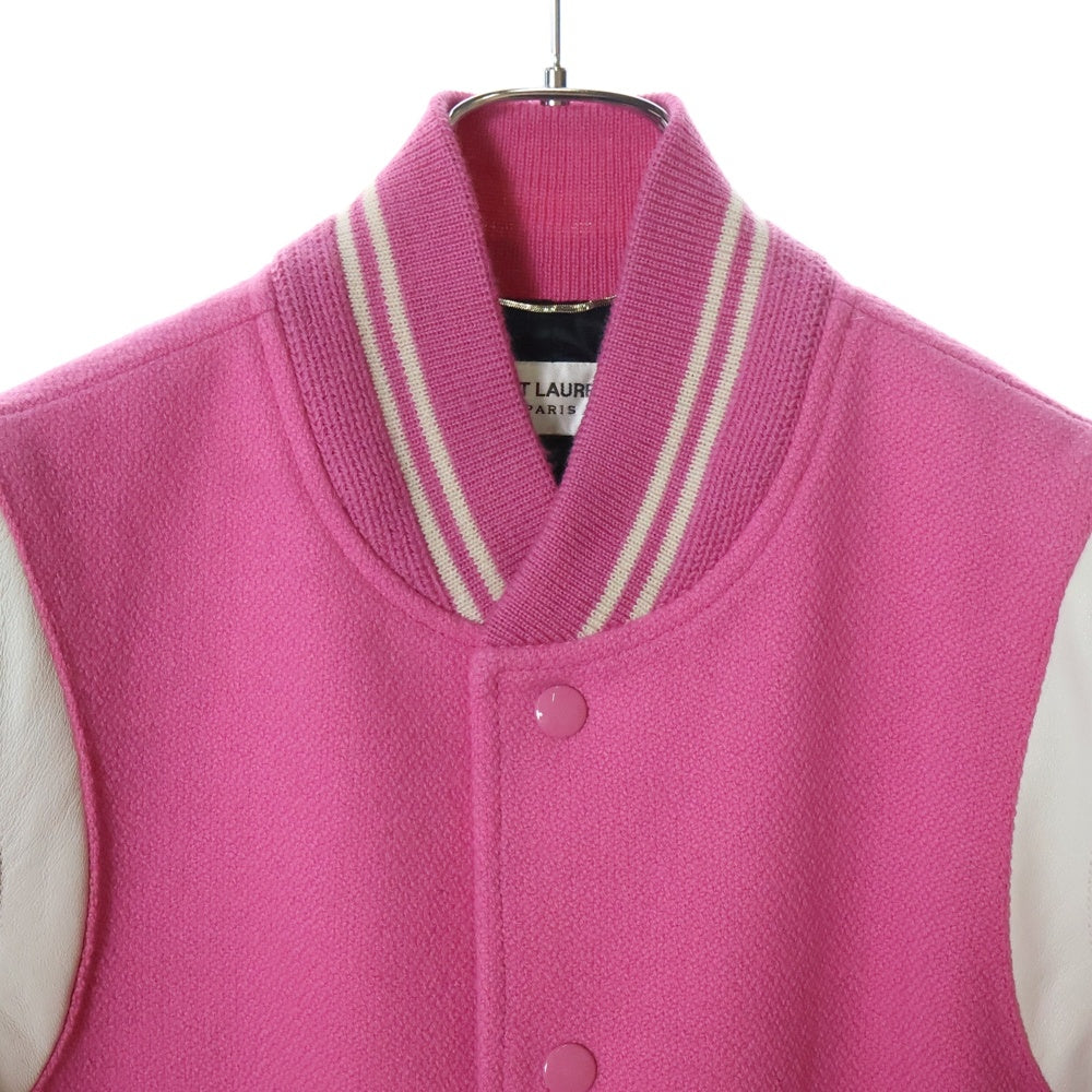 SAINT LAURENT PARIS(サンローランパリ) TEDDY JACKET テディジャケット レザートリムウールスタジアムジャンパー ピンク 354718 Y180W