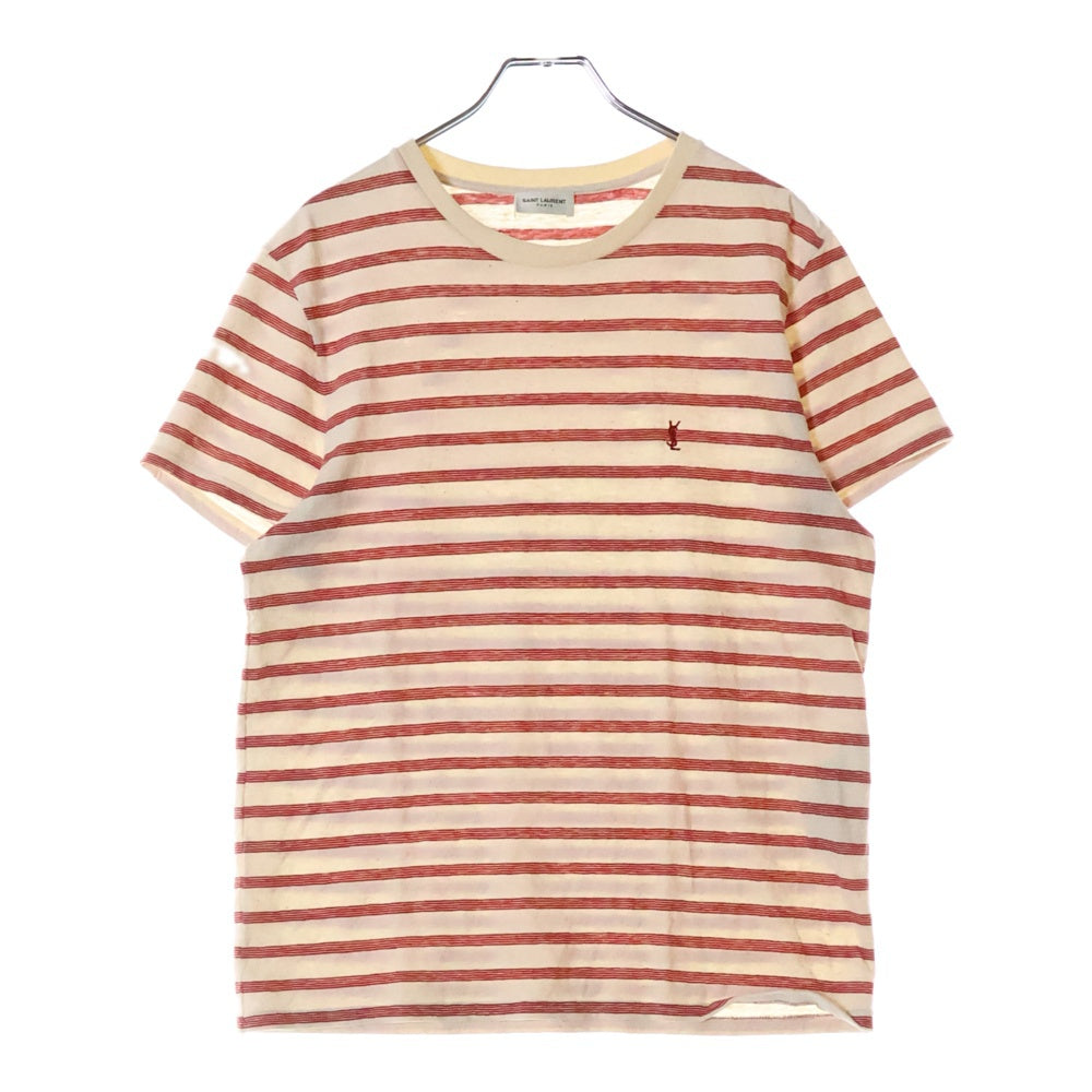 SAINT LAURENT PARIS(サンローランパリ) YSLロゴ刺繍ボーダー 半袖Tシャツ カットソー べージュ/ピンク 683806 Y36OX