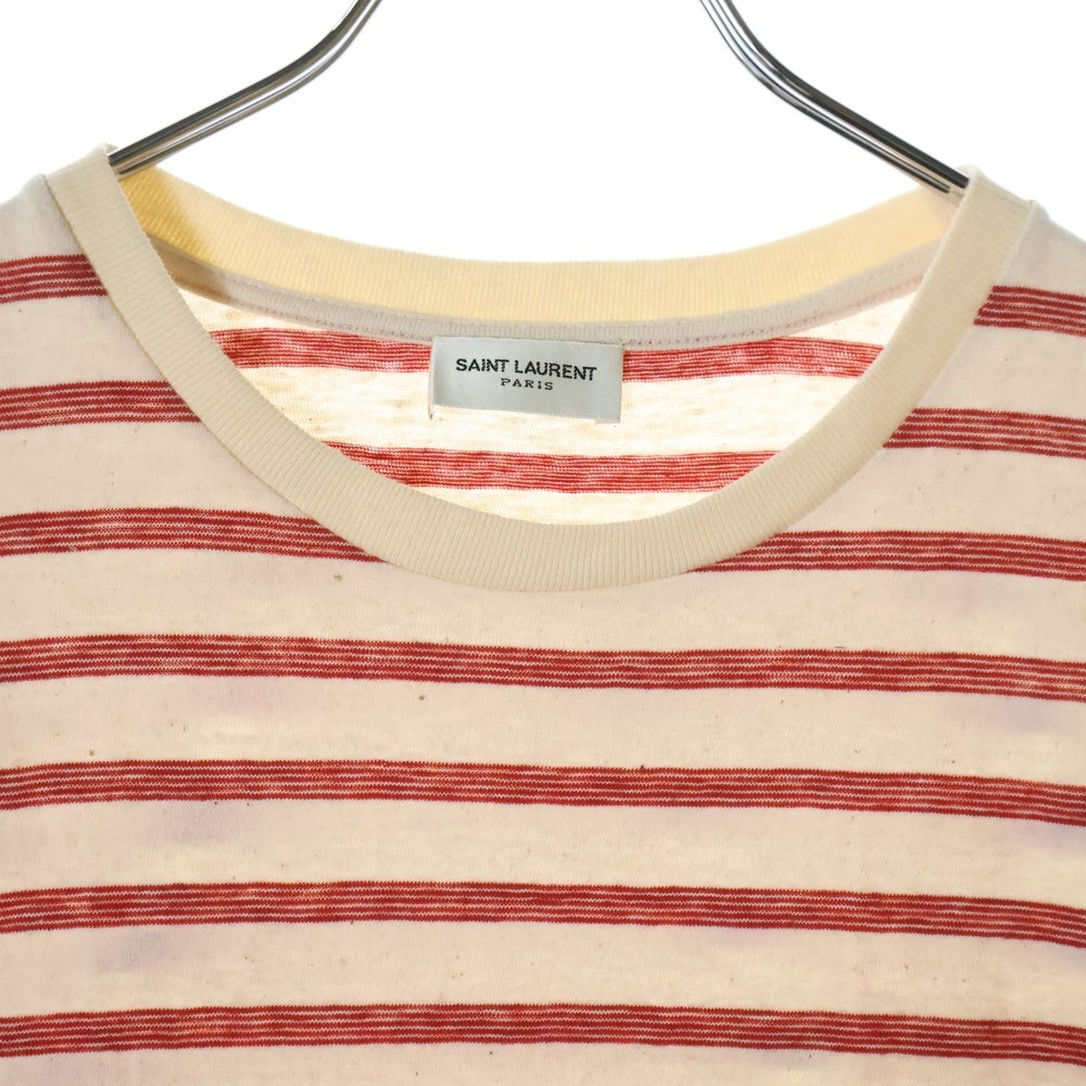 SAINT LAURENT PARIS(サンローランパリ) YSLロゴ刺繍ボーダー 半袖Tシャツ カットソー べージュ/ピンク 683806 Y36OX