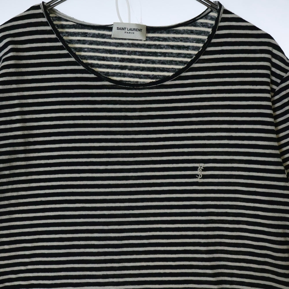 SAINT LAURENT PARIS(サンローランパリ) YSLロゴ刺繍ボーダー 半袖Tシャツ カットソー ブラック 683809 Y36OZ