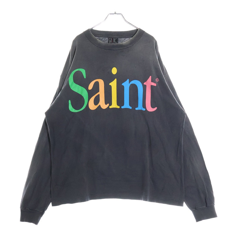SAINT MICHAEL(セントマイケル) 25SS RAINBOW LS TEE VINTAGE加工 レインボーロゴプリント クルーネック 長袖Tシャツ カットソー ブラック SM-HR8-0000-032