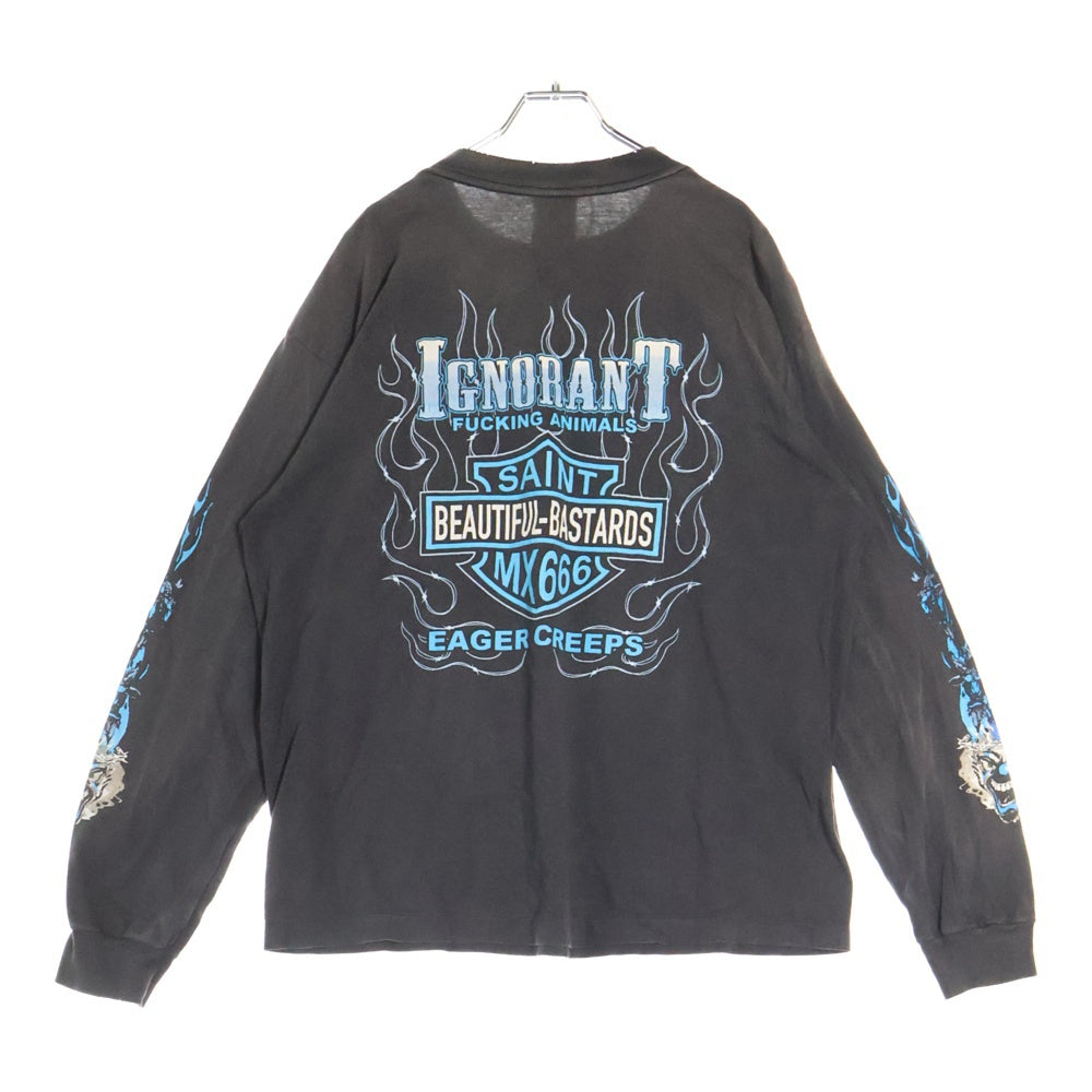 SAINT MICHAEL(セントマイケル) 24AW LS TEE BTFL BASTARS BLAC ヴィンテージ加工 両面アームプリント クルーネック 長袖Tシャツ ブラック SM-YS1-0000-013
