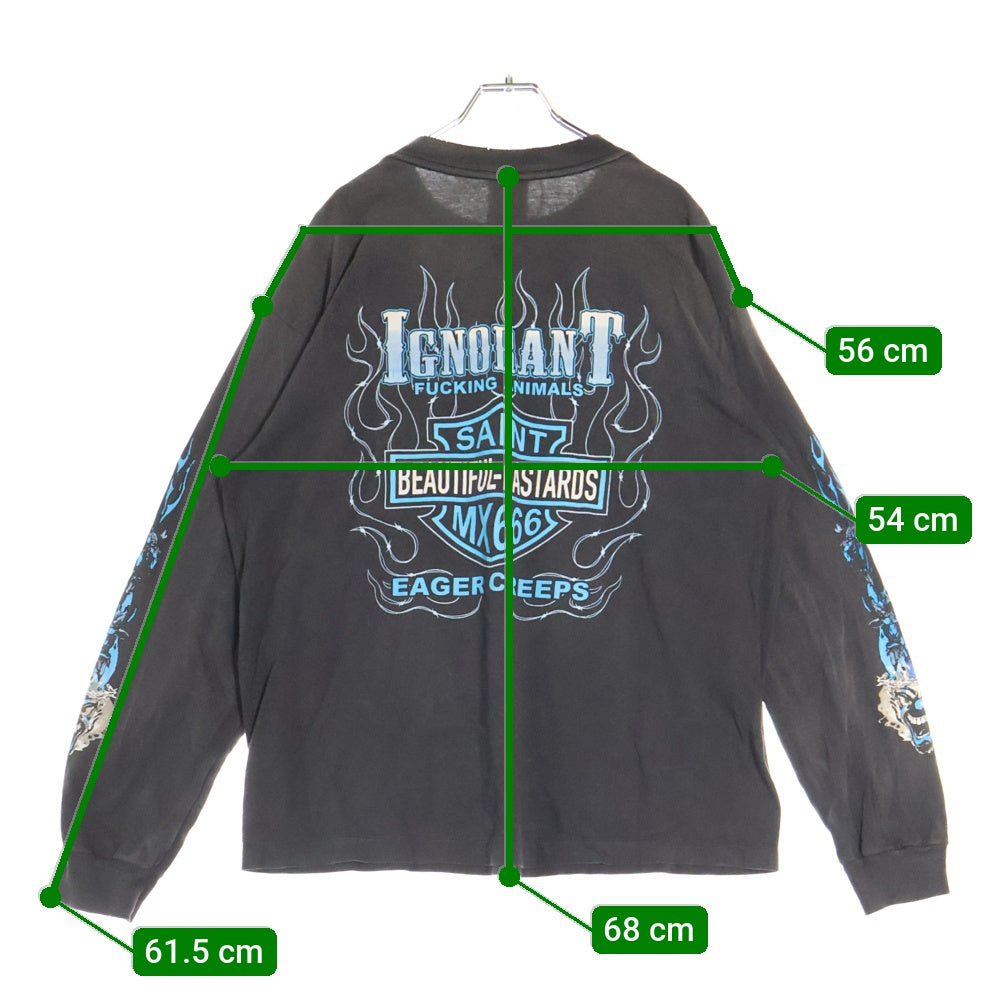 SAINT MICHAEL(セントマイケル) 24AW LS TEE BTFL BASTARS BLAC ヴィンテージ加工 両面アームプリント クルーネック 長袖Tシャツ ブラック SM-YS1-0000-013