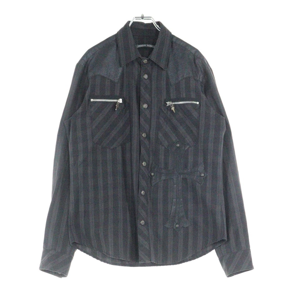 CHROME HEARTS(クロムハーツ) OLD WESTERN CROSS クロスパッチ付き フローラルクロスボタン ウエスタン長袖シャツ JVPタグ グレー調