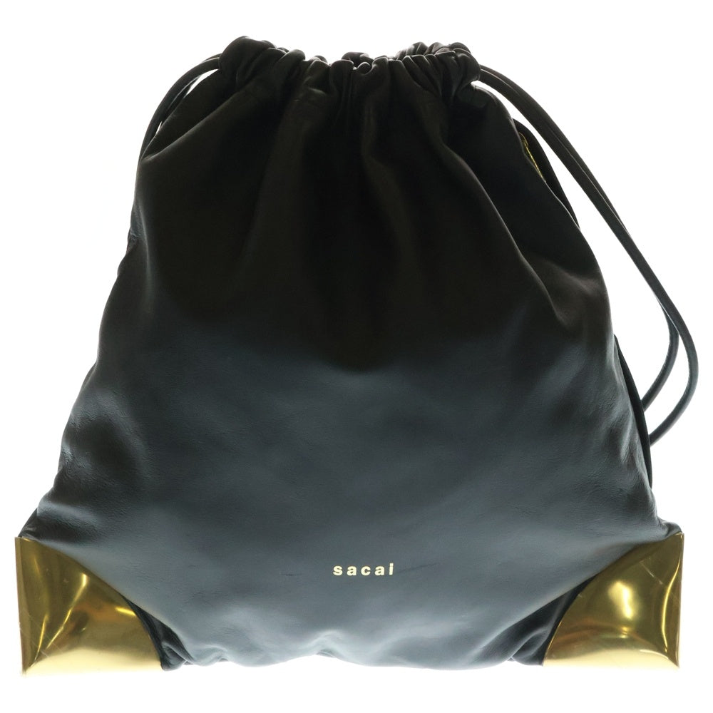 Sacai(サカイ) コーナーメタル装飾 レザー巾着バッグ ハンドバッグ ブラック/ゴールド