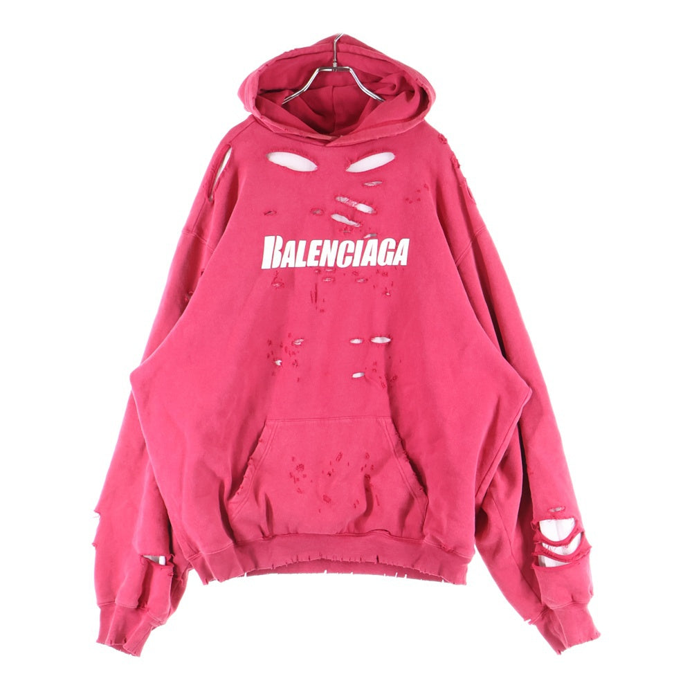 BALENCIAGA(バレンシアガ) 21SS Caps Destroyed Hoodie 659403 TKVB6 キャップス デストロイド フーディ プルオーバーパーカー フーディ ダメージ加工 レッド