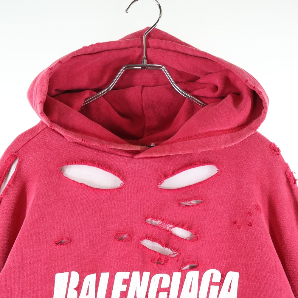BALENCIAGA(バレンシアガ) 21SS Caps Destroyed Hoodie 659403 TKVB6 キャップス デストロイド フーディ プルオーバーパーカー フーディ ダメージ加工 レッド