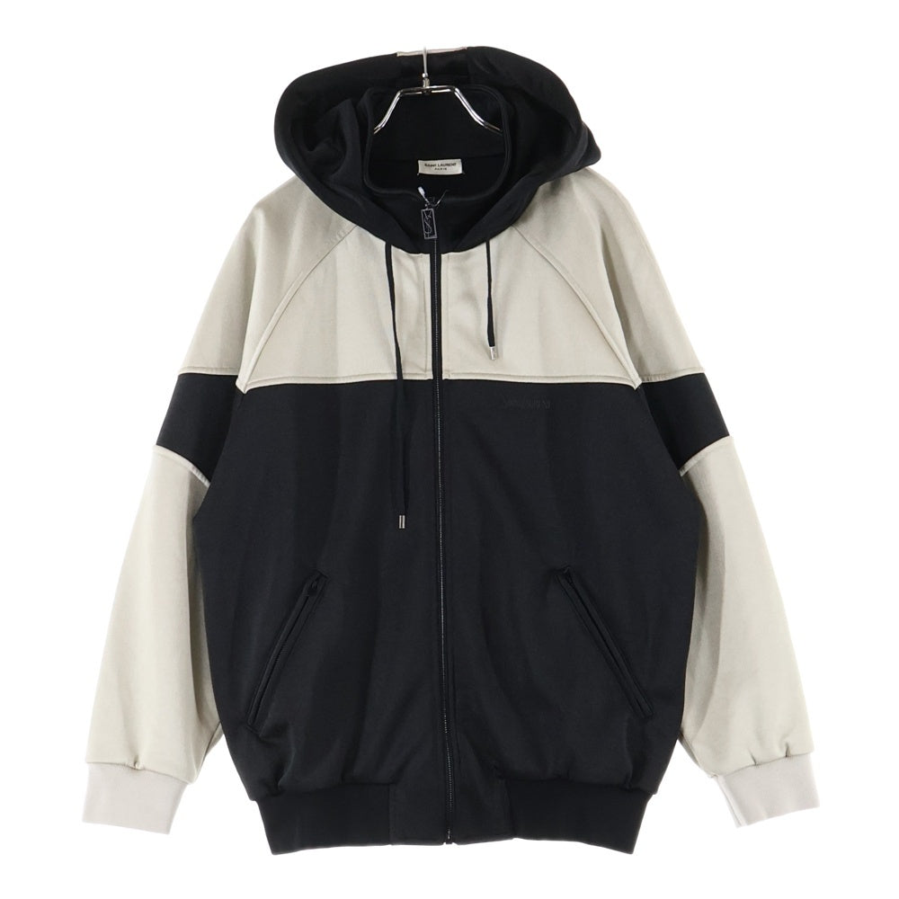 SAINT LAURENT PARIS(サンローランパリ) ロゴ刺繍 バイカラー ジップアップパーカー フーディー ブラック/ホワイト 754100 Y37IT