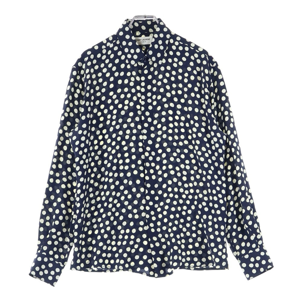 SAINT LAURENT PARIS(サンローランパリ) ドット 水玉 長袖シルクシャツ ネイビー/クリーム