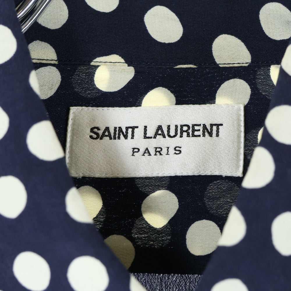 SAINT LAURENT PARIS(サンローランパリ) ドット 水玉 長袖シルクシャツ ネイビー/クリーム