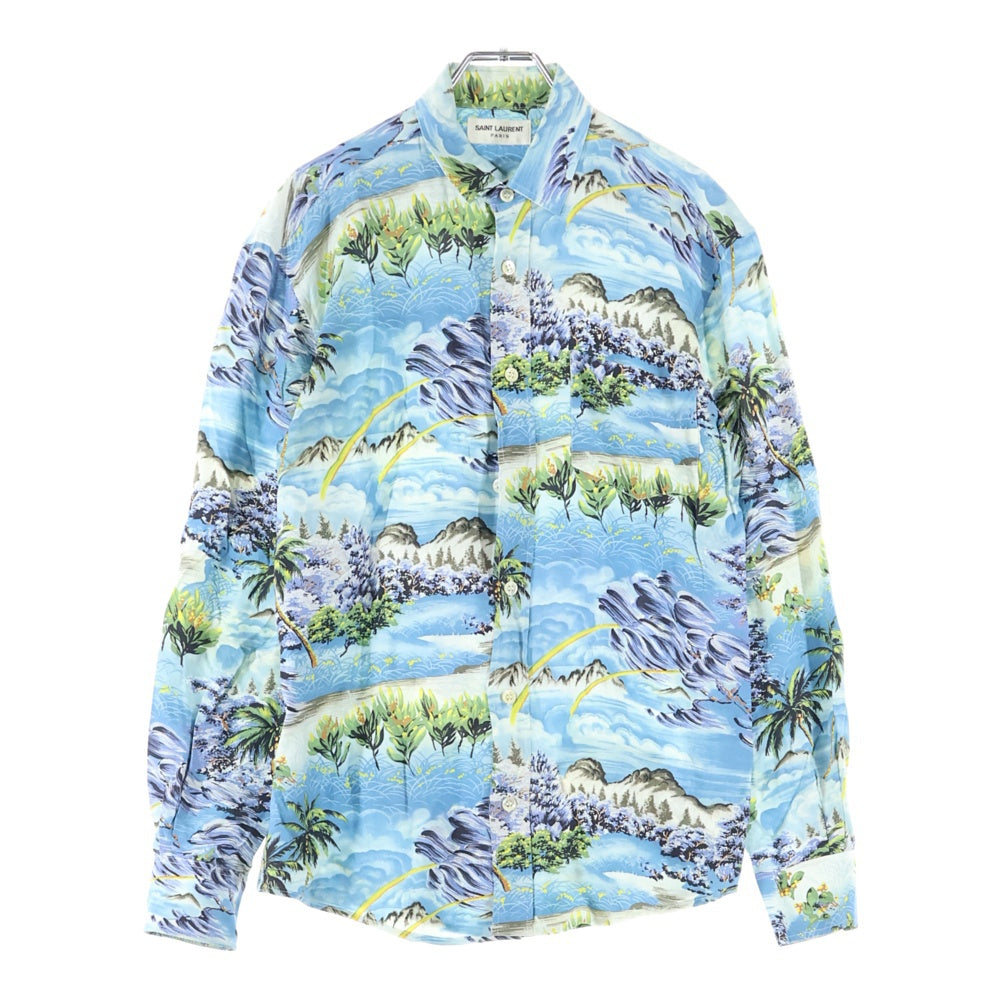 SAINT LAURENT PARIS(サンローランパリ) 16SS レーヨンアロハダメージ加工長袖シャツ ブルー 411620 Y934L