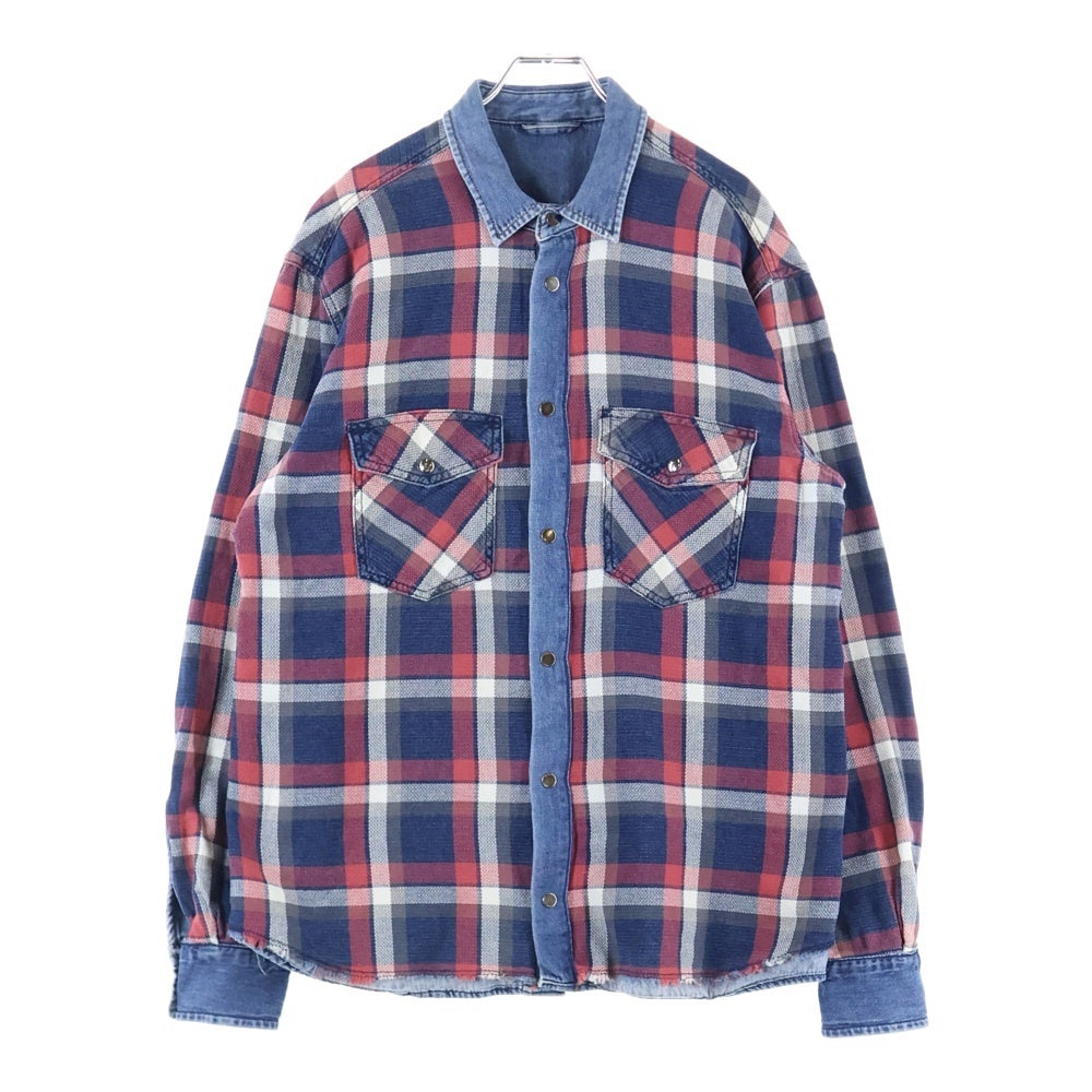DIESEL(ディーゼル) フランネル リバーシブル デニム切替 長袖 チェックシャツ レッド/インディゴ