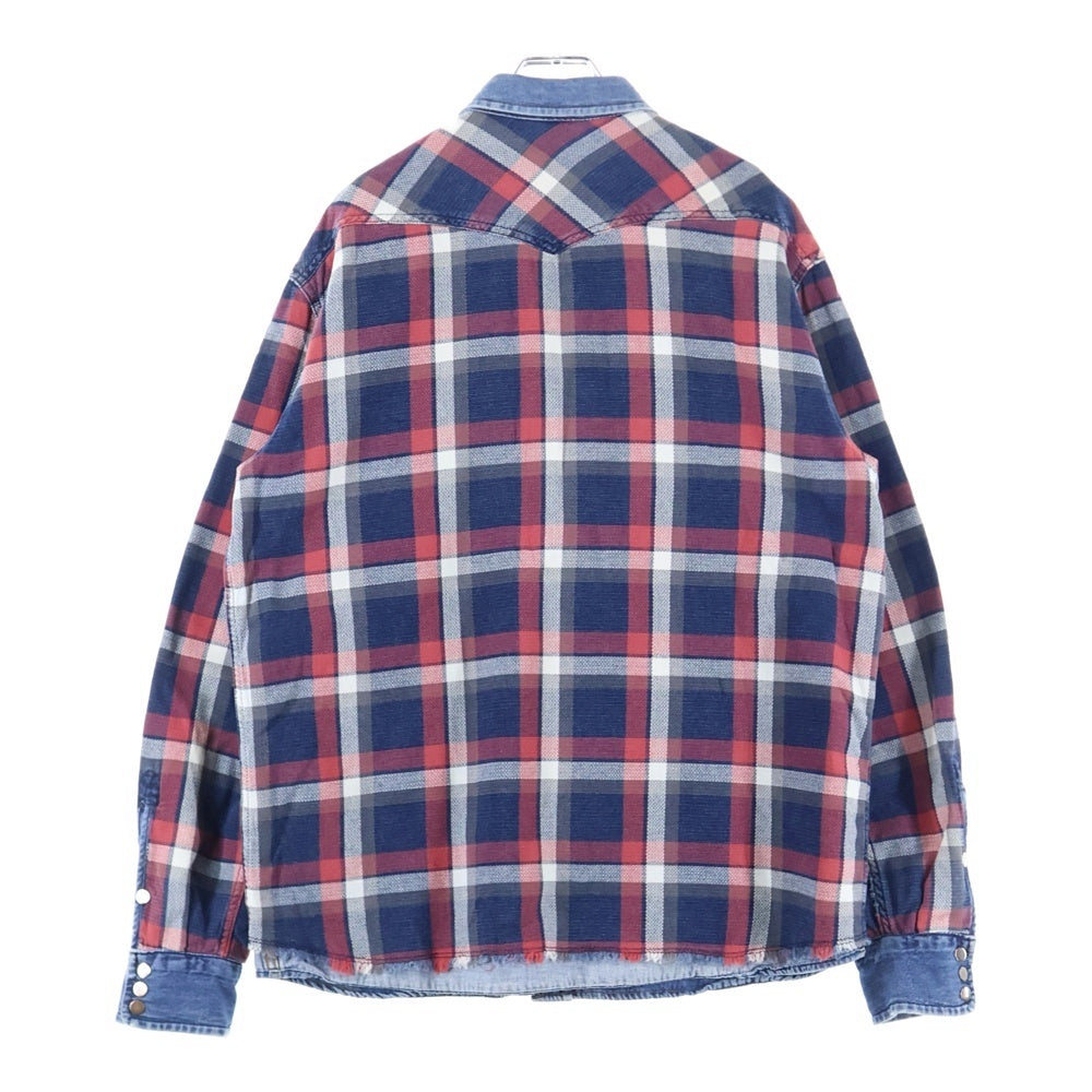 DIESEL(ディーゼル) フランネル リバーシブル デニム切替 長袖 チェックシャツ レッド/インディゴ