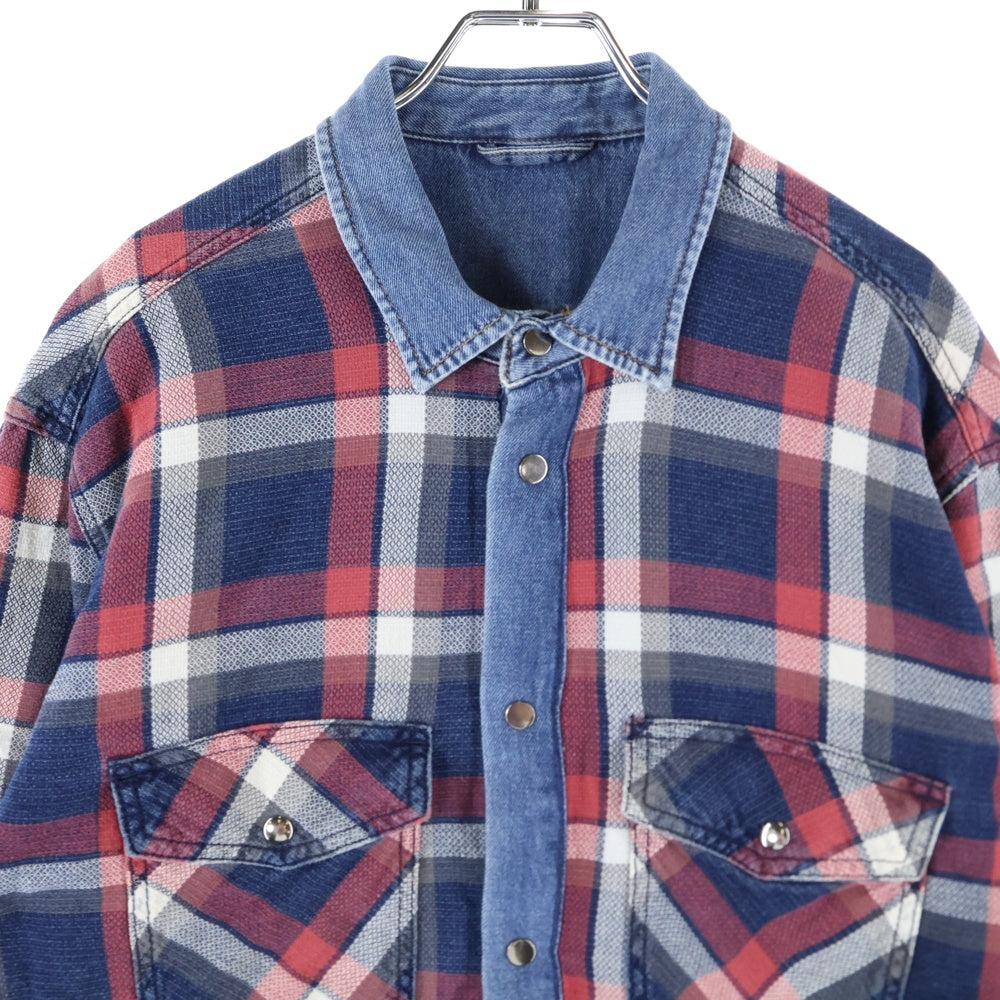 DIESEL(ディーゼル) フランネル リバーシブル デニム切替 長袖 チェックシャツ レッド/インディゴ