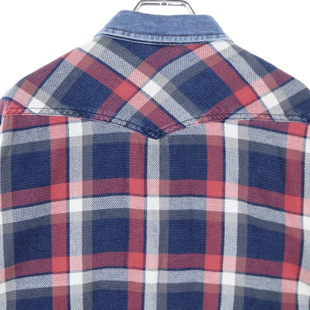DIESEL(ディーゼル) フランネル リバーシブル デニム切替 長袖 チェックシャツ レッド/インディゴ