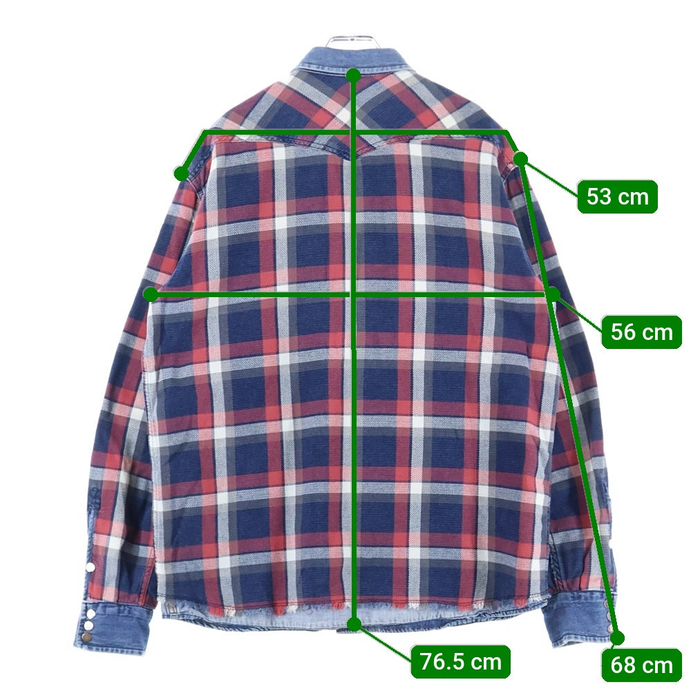 DIESEL(ディーゼル) フランネル リバーシブル デニム切替 長袖 チェックシャツ レッド/インディゴ