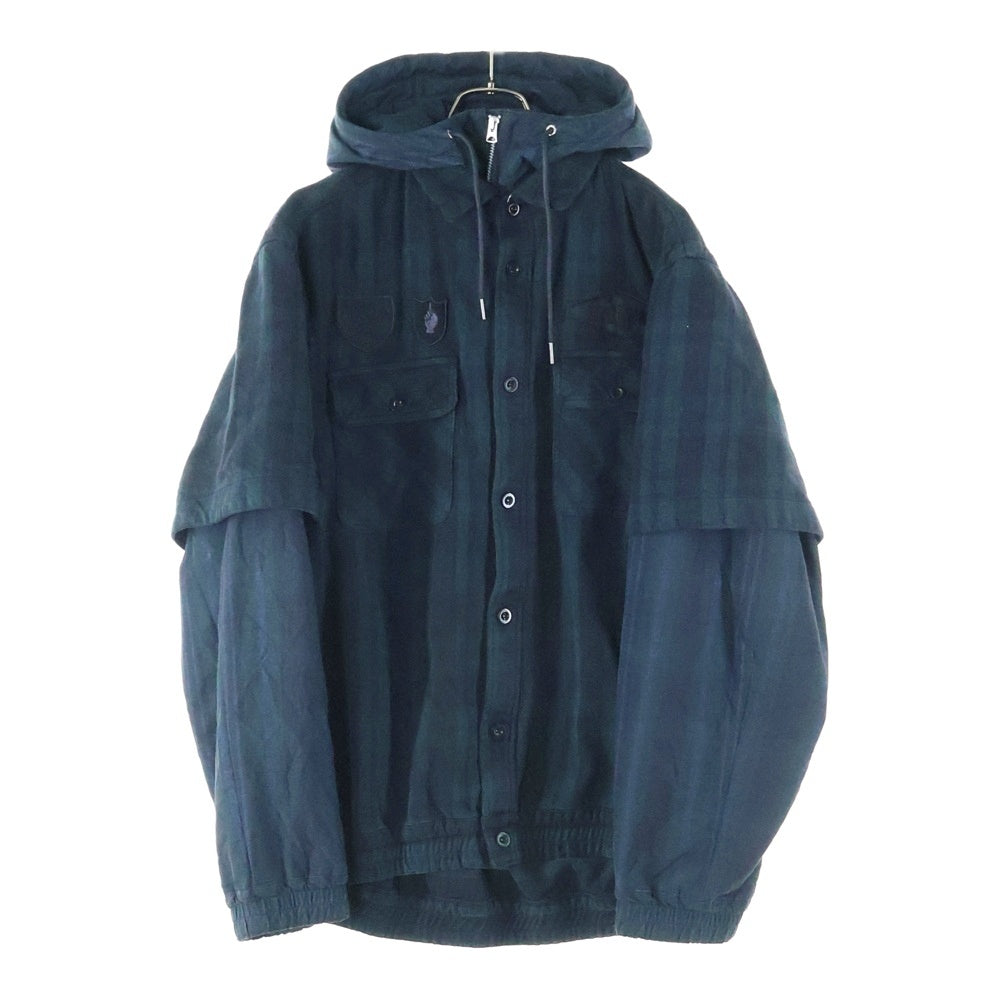 Sacai(サカイ) 24AW Gonz Multi Patch Plaid Hoodie レイヤード ナイロン切替 フーテッドフランネルシャツ グリーン調 24-03548M