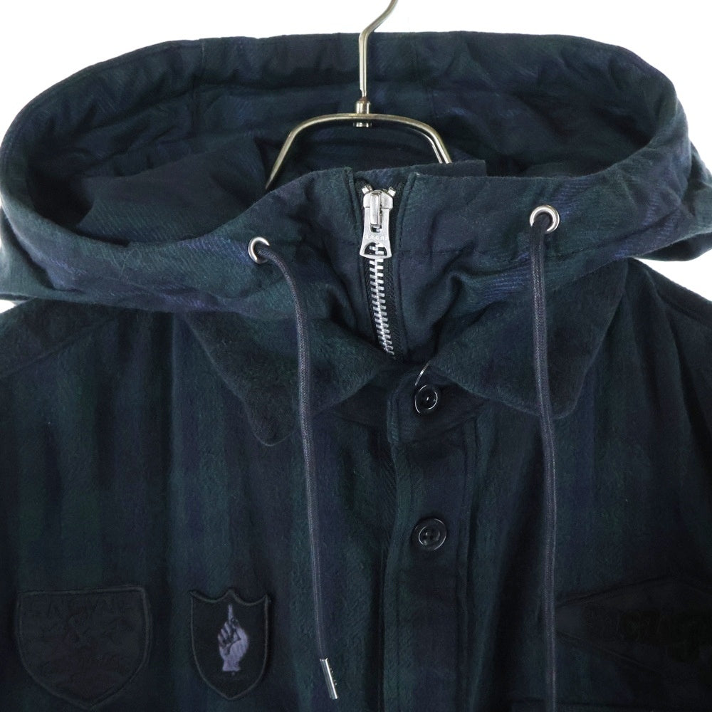 Sacai(サカイ) 24AW Gonz Multi Patch Plaid Hoodie レイヤード ナイロン切替 フーテッドフランネルシャツ グリーン調 24-03548M