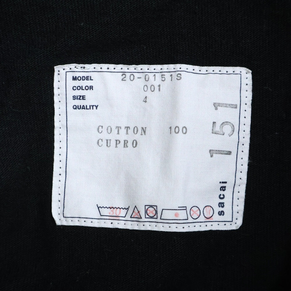 Sacai(サカイ) 20SS Sロゴ刺繍 ダブルポケット 半袖Tシャツ カットソー ブラック 20-0151S