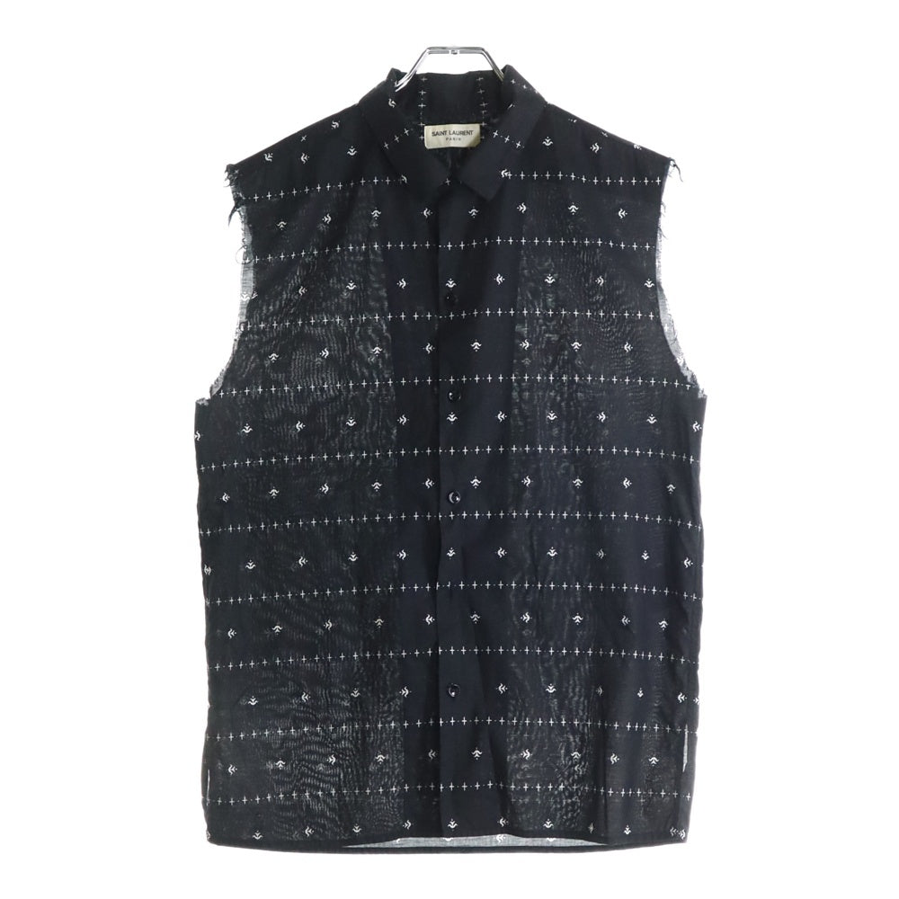 SAINT LAURENT PARIS(サンローランパリ) 19SS 総柄デザインノースリーブシャツ 袖カットオフ ブラック 552843 Y085U