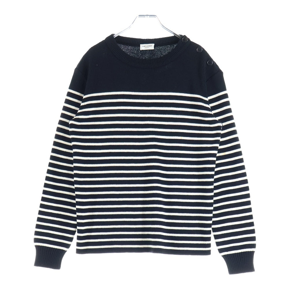 SAINT LAURENT PARIS(サンローランパリ) ショルダーボタン ボーダー クルーネックニット セター ブラック/ホワイト 588063 YAFQ2