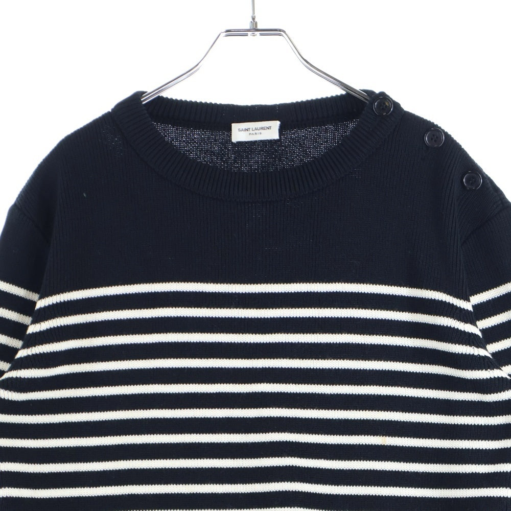 SAINT LAURENT PARIS(サンローランパリ) ショルダーボタン ボーダー クルーネックニット セター ブラック/ホワイト 588063 YAFQ2