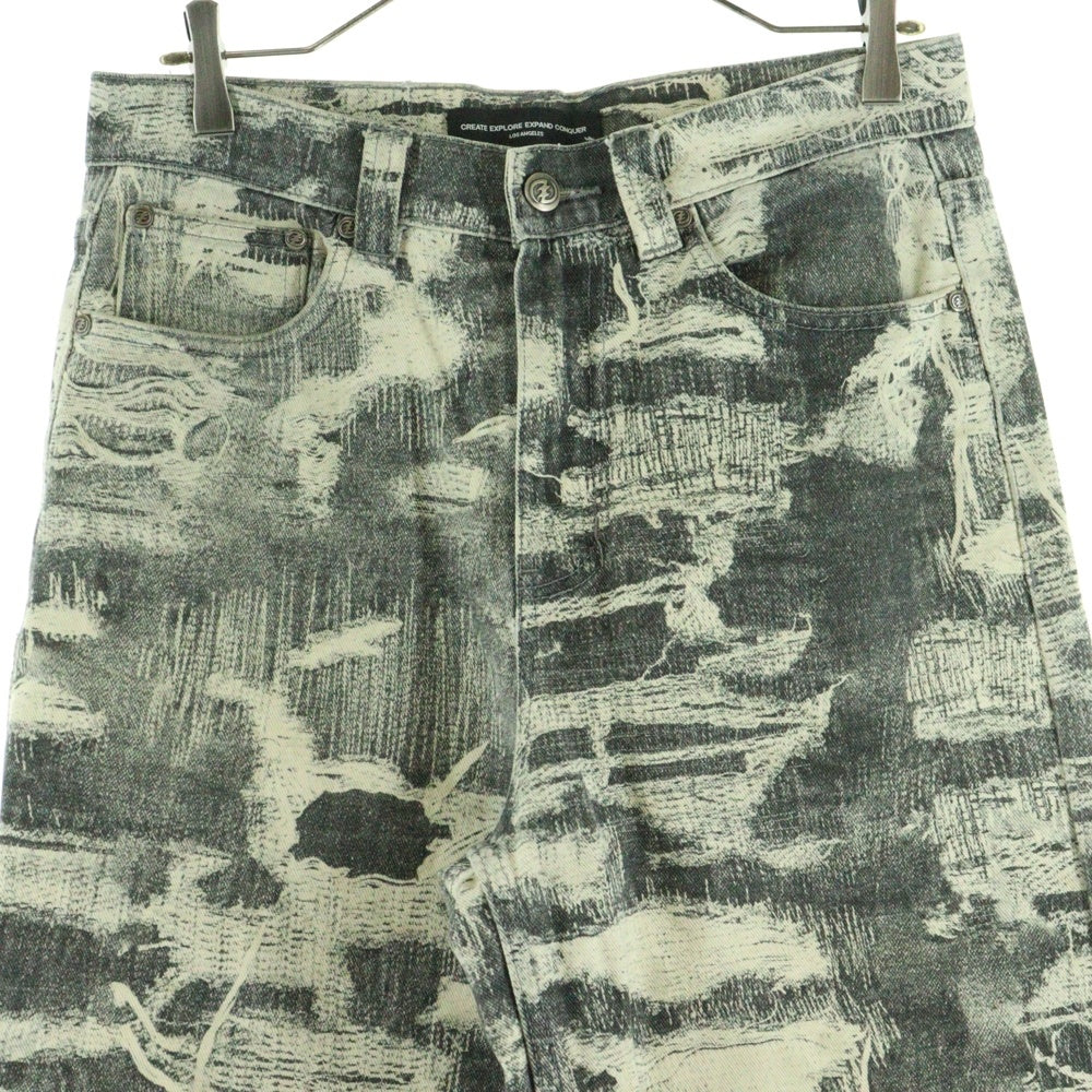 NO BRAND(ノーブランド) CEEC (シーク) ダメージプリント加工 ワイドデニムパンツ グレー