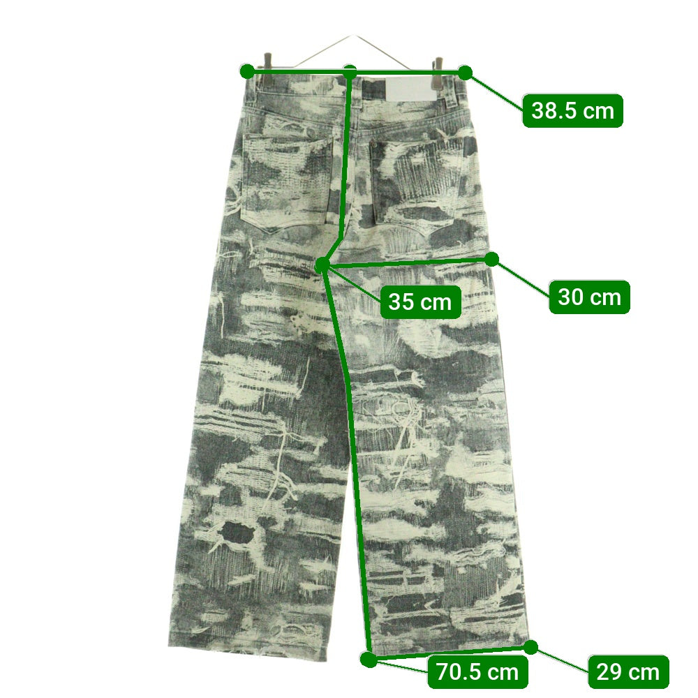 NO BRAND(ノーブランド) CEEC (シーク) ダメージプリント加工 ワイドデニムパンツ グレー